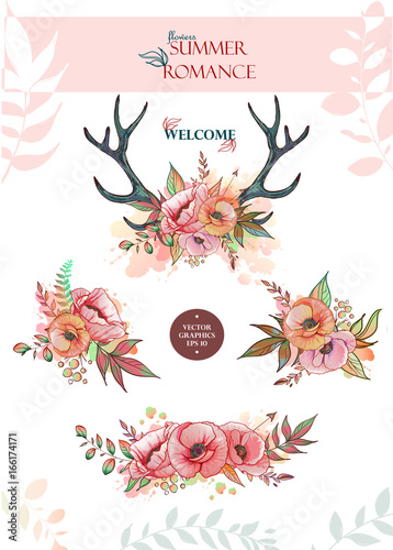 Set of summer bouquets and wreaths