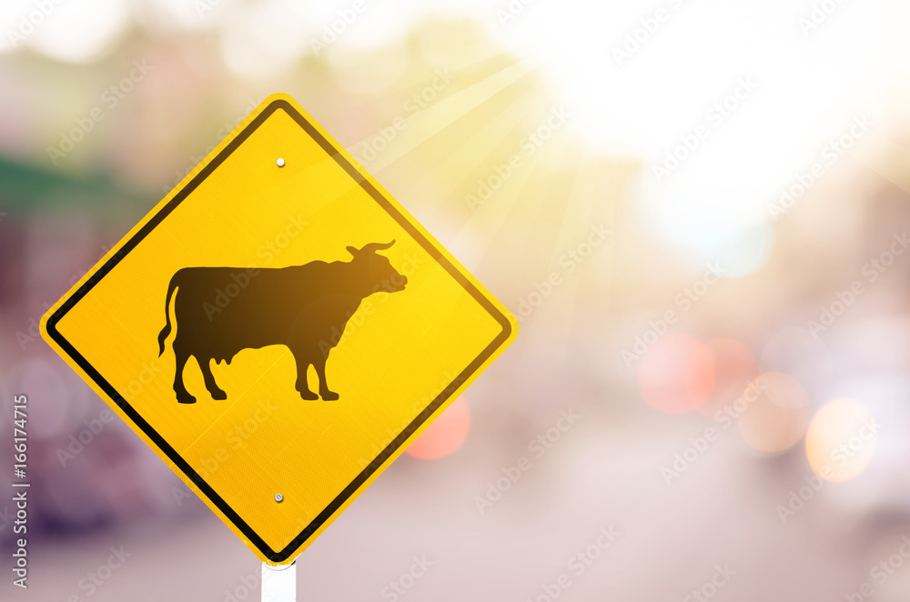 Animal or cow warning sign on blur traffic road with colorful bokeh light abstract background. Animal or cow warning sign on blur traffic road with colorful bokeh light abstract background.