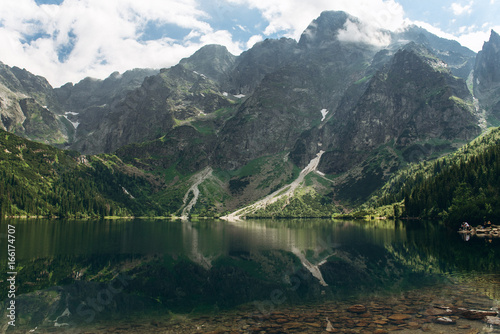 Reflected beautiful mountain lake Morskie Oko in Poland