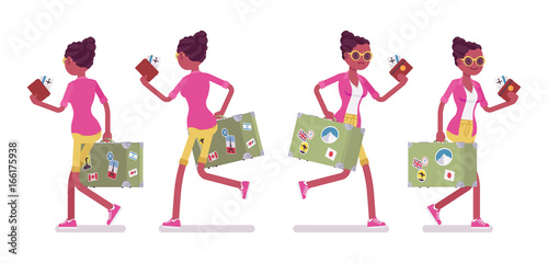 Black female tourist walking and running