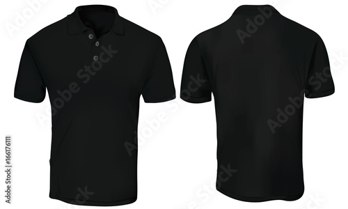 Vector illustration of blank black polo t-shirt template, front and back design isolated on white