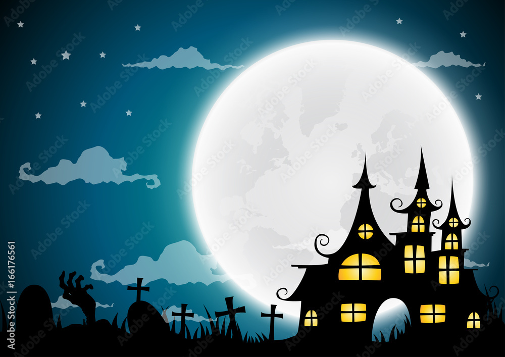 Halloween night background, haunted house and full moon.Vector illustration.