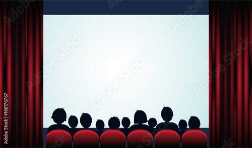 Cinema poster with audience, screen and red curtains .Vector illustration
