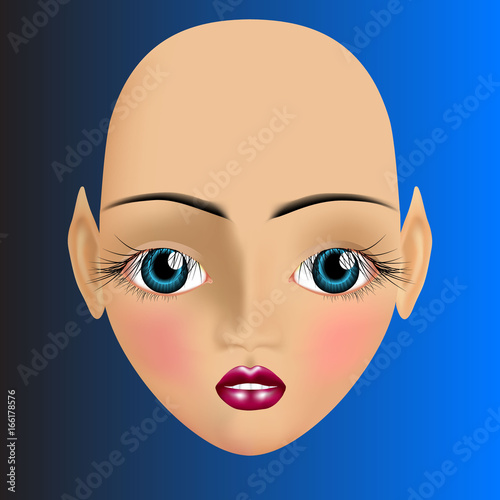 Light-skinned elf with big blue eyes with long dark eyelashes and dark pink puffy open lips. Calm expression.