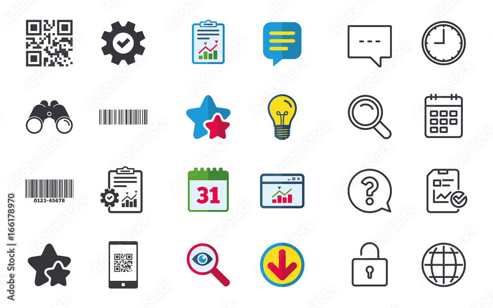 Bar and Qr code icons. Scan barcode in smartphone symbols. Chat, Report and Calendar signs. Stars, Statistics and Download icons. Question, Clock and Globe. Vector Bar and Qr code icons. Scan barcode in smartphone symbols. Chat, Report and Calendar signs. Stars, Statistics and Download icons. Question, Clock and Globe. Vector