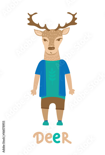 Deer hipster with dressed up in blue t-shirt, art illustration. Card with fashion animals.