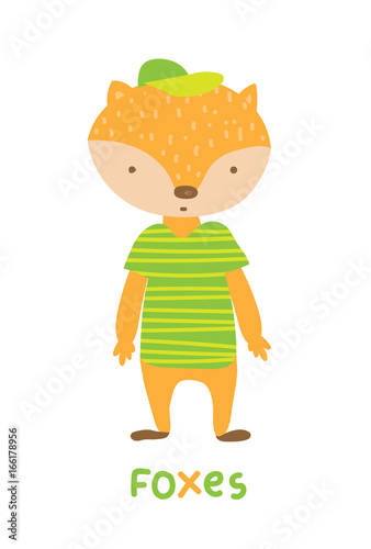 Foxes in striped green t-shirt, art illustration. Card with fashion animals.