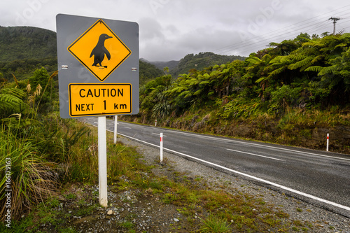 Road sign in New Zealand - Caution, Penguins