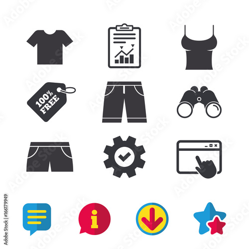 Clothes icons. T-shirt and bermuda shorts signs. Swimming trunks symbol. Browser window, Report and Service signs. Binoculars, Information and Download icons. Stars and Chat. Vector