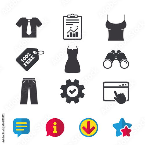 Clothes icons. T-shirt with business tie and pants signs. Women dress symbol. Browser window, Report and Service signs. Binoculars, Information and Download icons. Stars and Chat. Vector