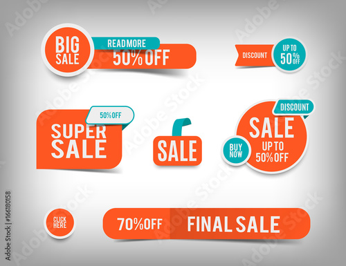 Sale banner set, discount tag collection, special offer. Modern website stickers on a gray abstract background, color web page design