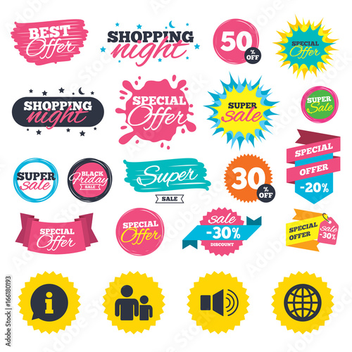 Sale shopping banners. Information sign. Group of people and speaker volume symbols. Internet globe sign. Communication icons. Web badges, splash and stickers. Best offer. Vector