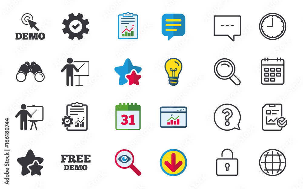 Demo with cursor icon. Presentation billboard sign. Man standing with pointer symbol. Chat, Report and Calendar signs. Stars, Statistics and Download icons. Question, Clock and Globe. Vector Demo with cursor icon. Presentation billboard sign. Man standing with pointer symbol. Chat, Report and Calendar signs. Stars, Statistics and Download icons. Question, Clock and Globe. Vector