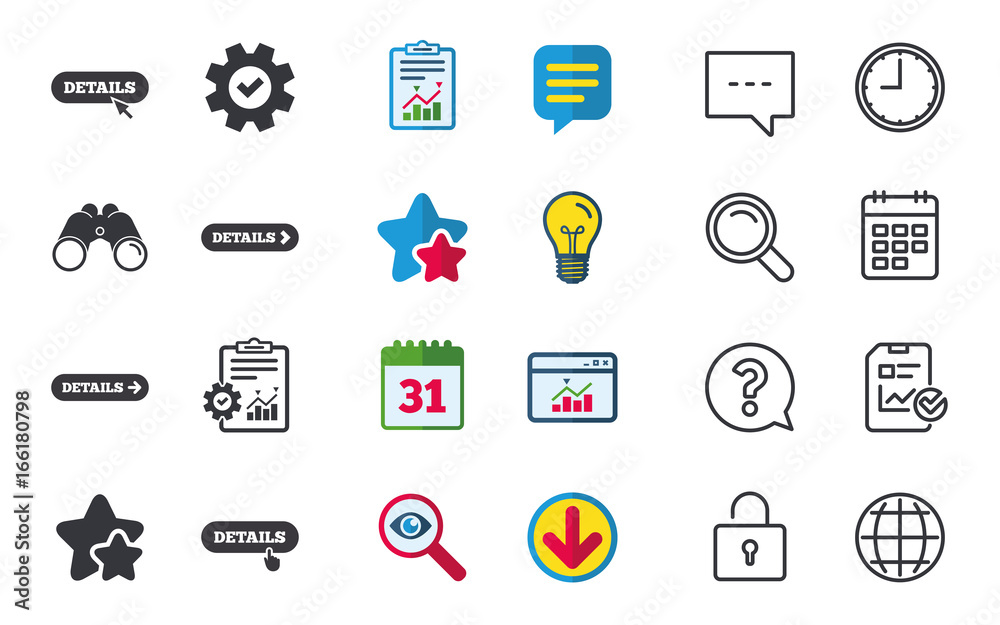 Details with arrow icon. More symbol with mouse and hand cursor pointer sign symbols. Chat, Report and Calendar signs. Stars, Statistics and Download icons. Question, Clock and Globe. Vector