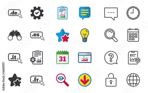 Top-level internet domain icons. De, It, Es and Fr symbols with cursor pointer. Unique national DNS names. Chat, Report and Calendar signs. Stars, Statistics and Download icons. Vector