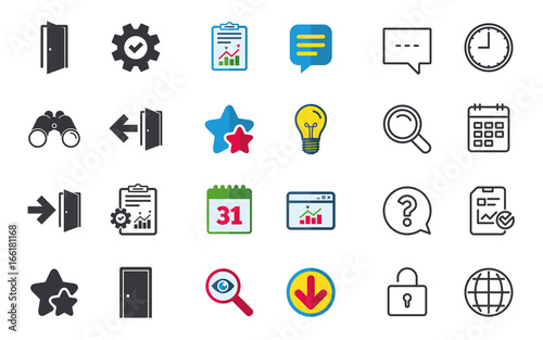 Doors icons. Emergency exit with arrow symbols. Fire exit signs. Chat, Report and Calendar signs. Stars, Statistics and Download icons. Question, Clock and Globe. Vector