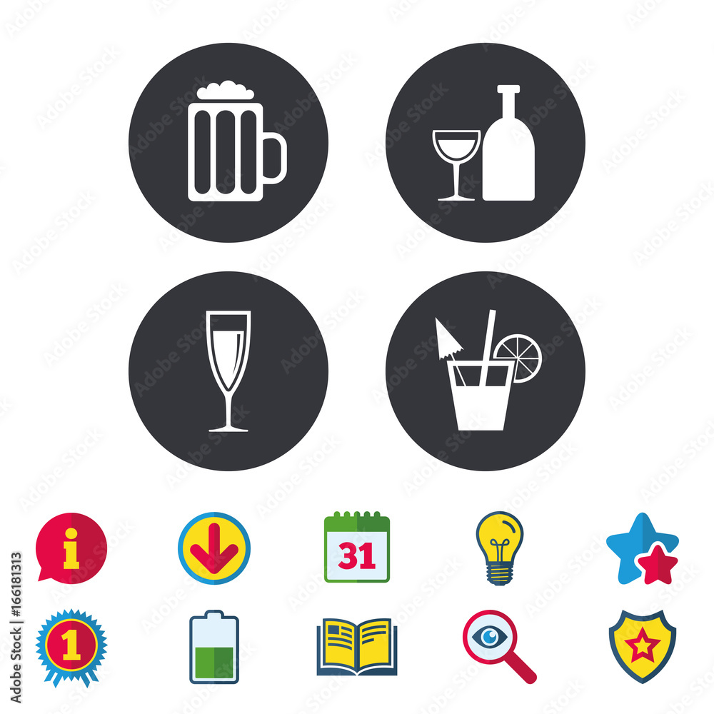 Alcoholic drinks icons. Champagne sparkling wine and beer symbols. Wine glass and cocktail signs. Calendar, Information and Download signs. Stars, Award and Book icons. Light bulb, Shield and Search Alcoholic drinks icons. Champagne sparkling wine and beer symbols. Wine glass and cocktail signs. Calendar, Information and Download signs. Stars, Award and Book icons. Light bulb, Shield and Search