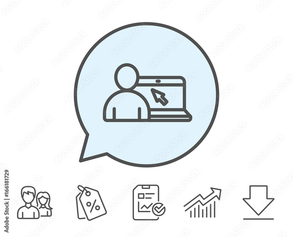 Online Education line icon. Notebook or Laptop with mouse cursor sign. Internet Lectures symbol. Report, Sale Coupons and Chart line signs. Download, Group icons. Editable stroke. Vector Online Education line icon. Notebook or Laptop with mouse cursor sign. Internet Lectures symbol. Report, Sale Coupons and Chart line signs. Download, Group icons. Editable stroke. Vector