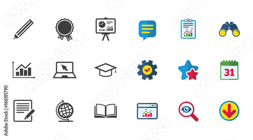 Education and study icon. Presentation signs. Report, analysis and award medal symbols. Calendar, Report and Download signs. Stars, Service and Search icons. Statistics, Binoculars and Chat. Vector