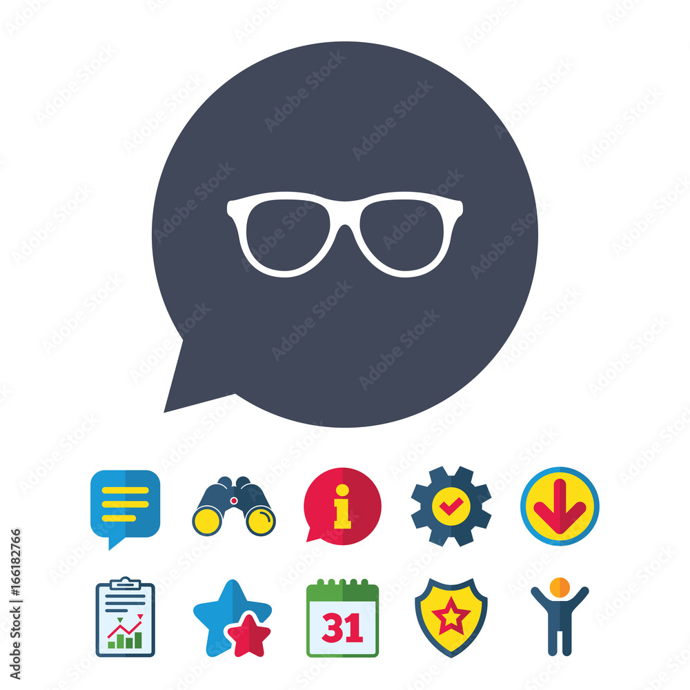 Retro glasses sign icon. Eyeglass frame symbol. Information, Report and Speech bubble signs. Binoculars, Service and Download, Stars icons. Vector Retro glasses sign icon. Eyeglass frame symbol. Information, Report and Speech bubble signs. Binoculars, Service and Download, Stars icons. Vector