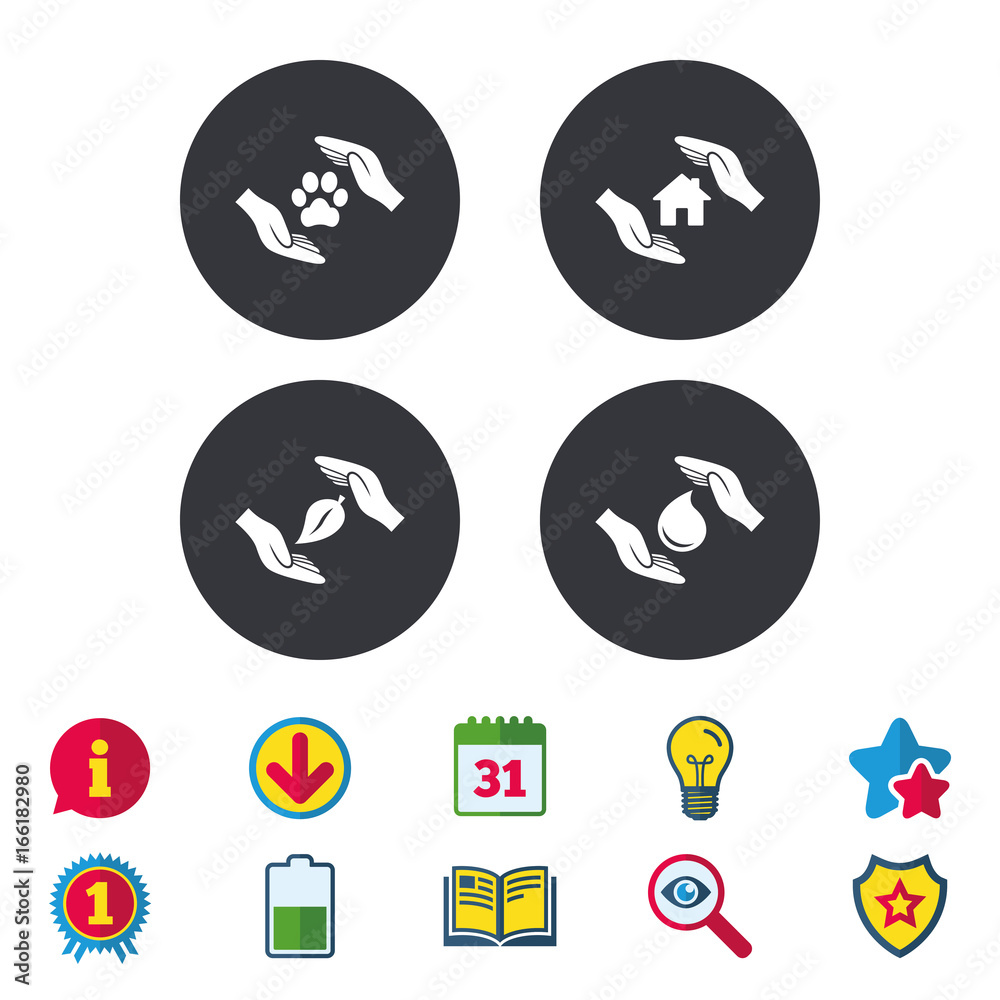 Hands insurance icons. Shelter for pets dogs symbol. Save water drop symbol. House property insurance sign. Calendar, Information and Download signs. Stars, Award and Book icons. Vector Hands insurance icons. Shelter for pets dogs symbol. Save water drop symbol. House property insurance sign. Calendar, Information and Download signs. Stars, Award and Book icons. Vector