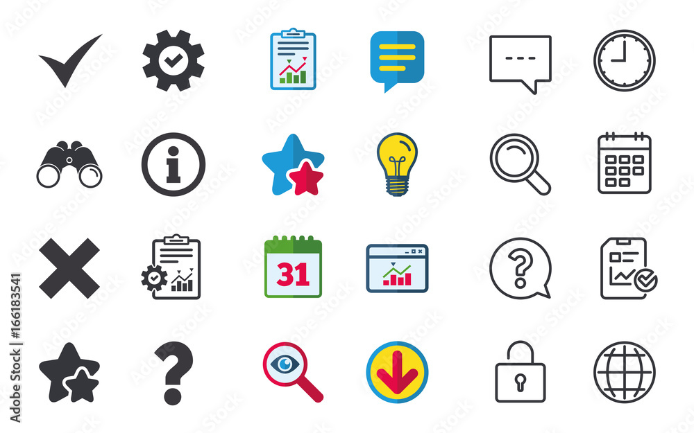 Information icons. Delete and question FAQ mark signs. Approved check mark symbol. Chat, Report and Calendar signs. Stars, Statistics and Download icons. Question, Clock and Globe. Vector
