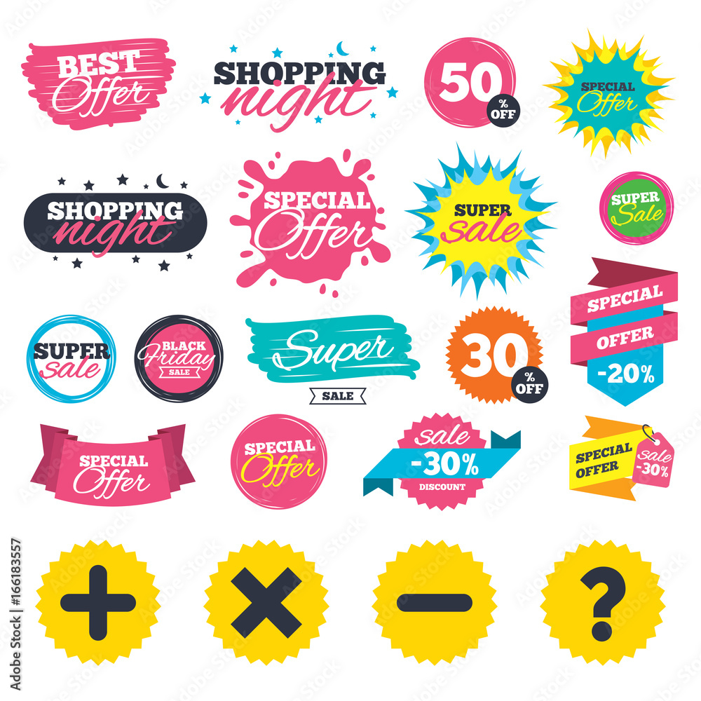Sale shopping banners. Plus and minus icons. Delete and question FAQ mark signs. Enlarge zoom symbol. Web badges, splash and stickers. Best offer. Vector Sale shopping banners. Plus and minus icons. Delete and question FAQ mark signs. Enlarge zoom symbol. Web badges, splash and stickers. Best offer. Vector