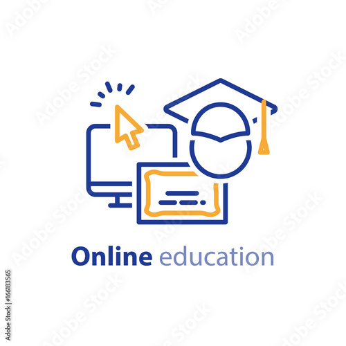 Online education concept line icons, internet learning courses, distant studying
