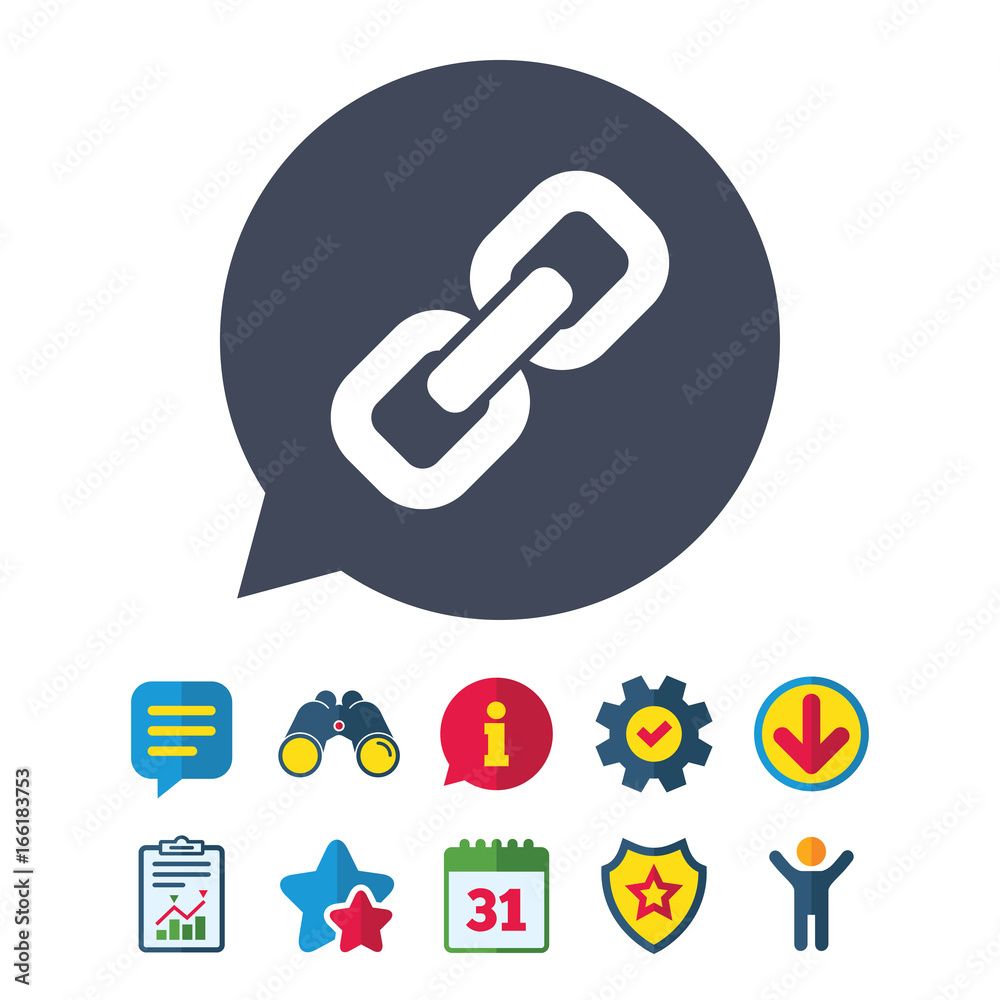 Link sign icon. Hyperlink chain symbol. Information, Report and Speech bubble signs. Binoculars, Service and Download, Stars icons. Vector Link sign icon. Hyperlink chain symbol. Information, Report and Speech bubble signs. Binoculars, Service and Download, Stars icons. Vector