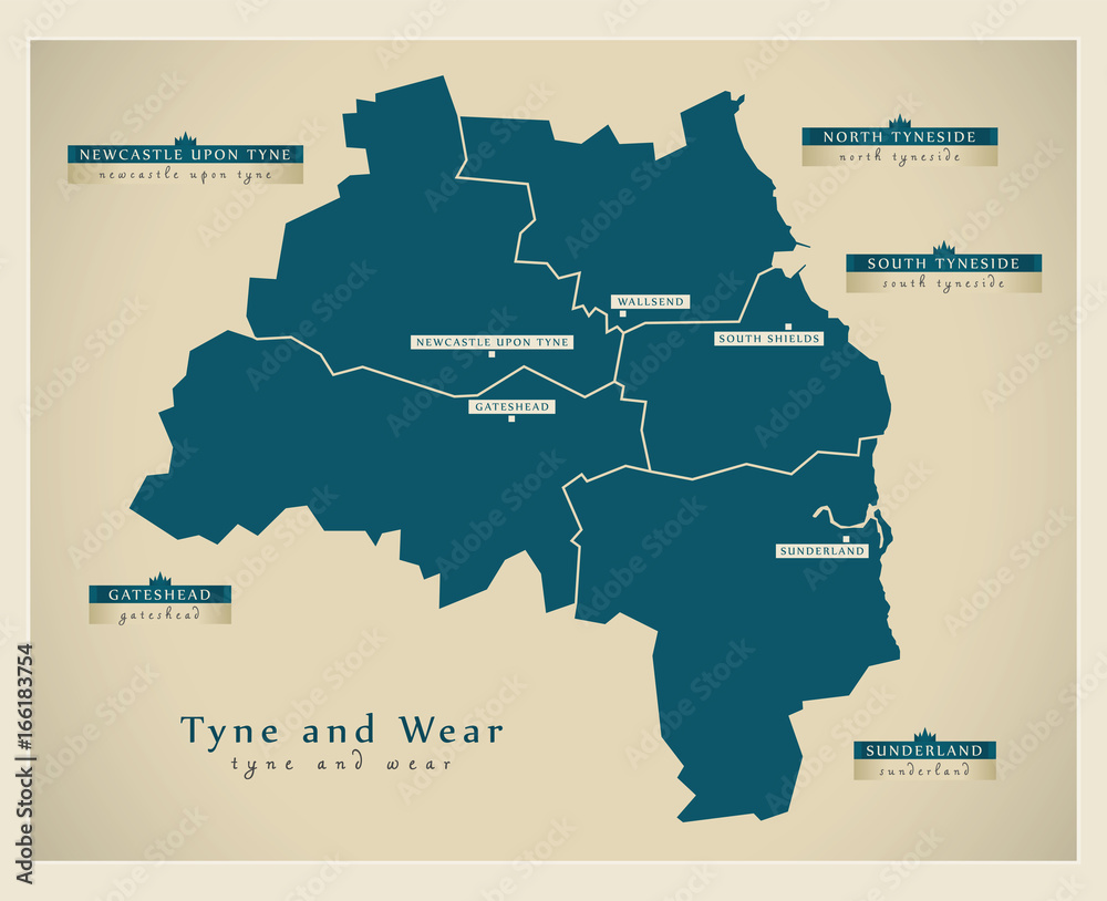 Modern Map - Tyne and Wear metropolitan county England UK illustration
