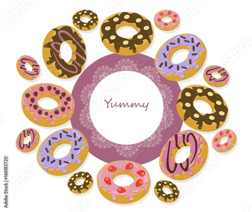 Vector delicious donuts round card for menu, invitation, party,