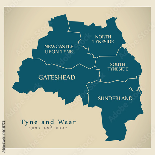 Modern Map - Tyne and Wear Metropolitan County with district captions England UK illustration photo