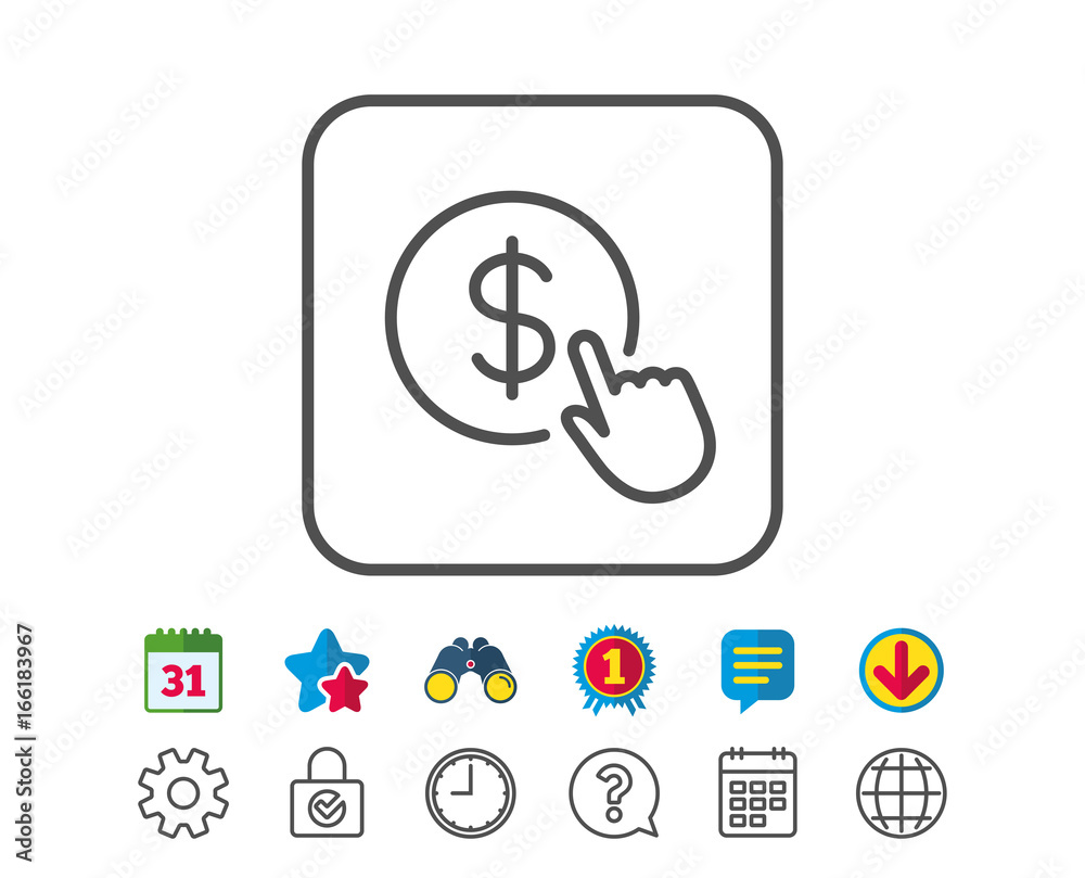 Hand Click line icon. Currency exchange sign. Cursor pointer symbol. To pay or get money. Calendar, Globe and Chat line signs. Binoculars, Award and Download icons. Editable stroke. Vector Hand Click line icon. Currency exchange sign. Cursor pointer symbol. To pay or get money. Calendar, Globe and Chat line signs. Binoculars, Award and Download icons. Editable stroke. Vector