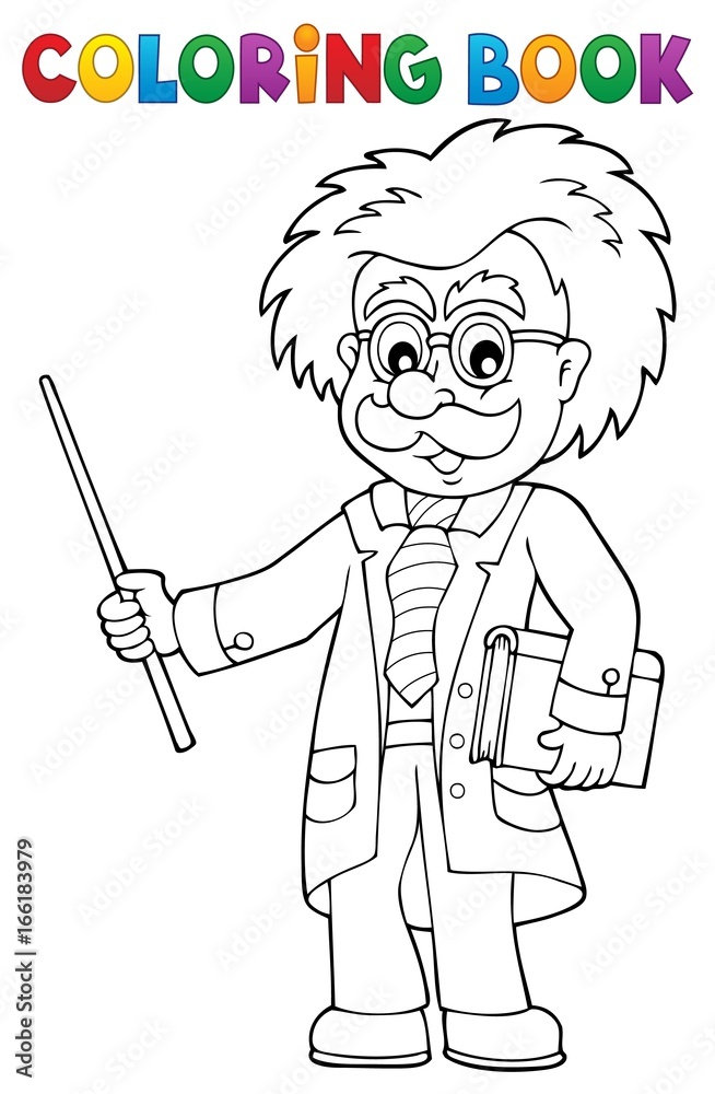 Coloring book scientist with pointer Coloring book scientist with pointer