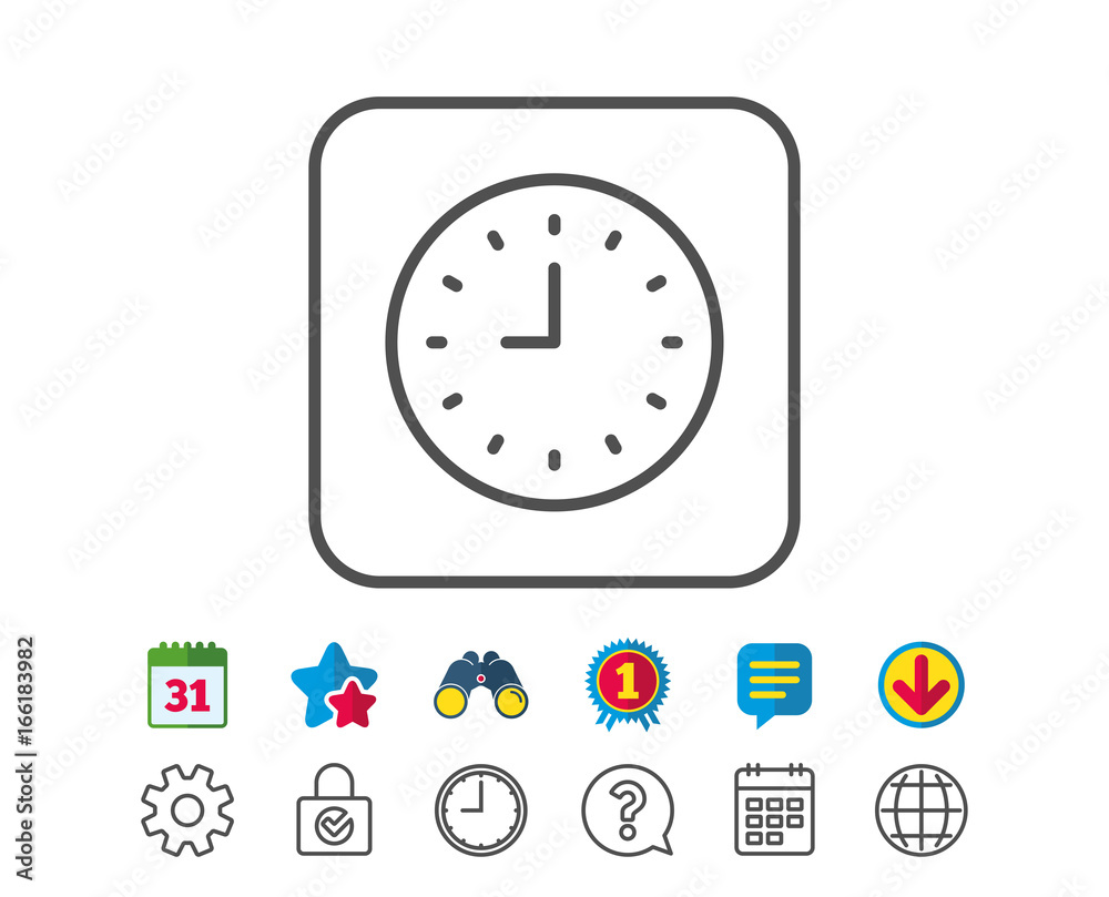 Clock line icon. Time sign. Office Watch or Timer symbol. Calendar, Globe and Chat line signs. Binoculars, Award and Download icons. Editable stroke. Vector Clock line icon. Time sign. Office Watch or Timer symbol. Calendar, Globe and Chat line signs. Binoculars, Award and Download icons. Editable stroke. Vector