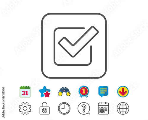 Check line icon. Approved Tick sign. Confirm, Done or Accept symbol. Calendar, Globe and Chat line signs. Binoculars, Award and Download icons. Editable stroke. Vector