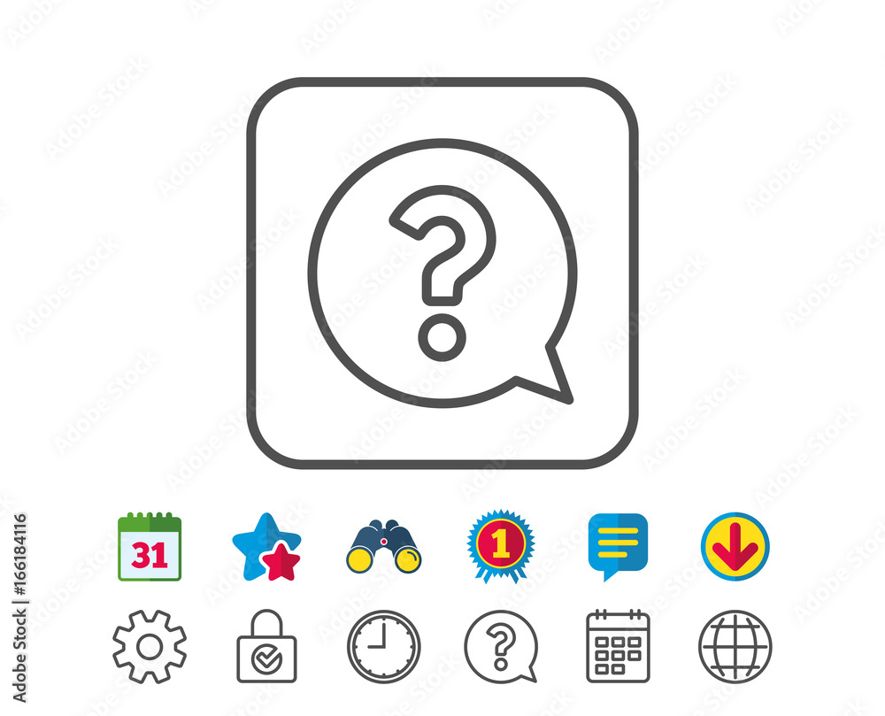 Question mark line icon. Help speech bubble sign. FAQ symbol. Calendar, Globe and Chat line signs. Binoculars, Award and Download icons. Editable stroke. Vector Question mark line icon. Help speech bubble sign. FAQ symbol. Calendar, Globe and Chat line signs. Binoculars, Award and Download icons. Editable stroke. Vector