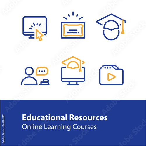 Online education concept line icons, internet learning courses, distant studying