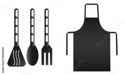 Kitchenware set - black apron and kitchen tools spoon, fork, shovel. Vector illustration