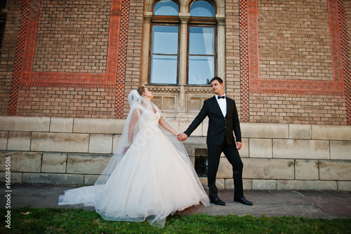 Stunning wedding couple enjoying each other's company on a beautiful architectural background.