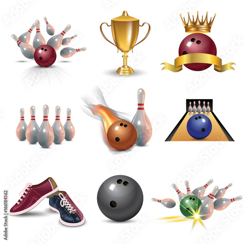 Realistic bowling icon set isolated on white background. Bowling strike with ball