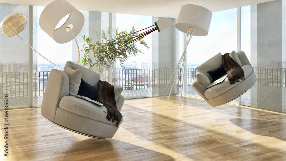 Zero gravity, modern bright living room, interiors. 3D rendering - obrazy, fototapety, plakaty 