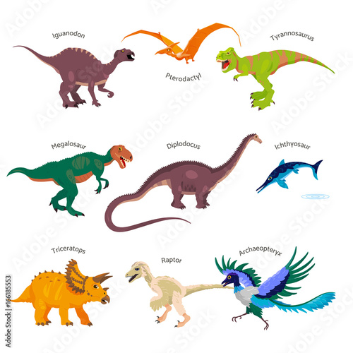 Set of realistic dinosaurs. Isolated vector illustrations of Archaeopteryx  Pterodactyl  Ichthyosaur  Megalosaur  Tyrannosaurus rex  Raptor etc