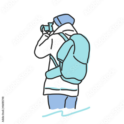 Traveler and Backpacker. hand drawn. line drawing. vector illustration. Tourist