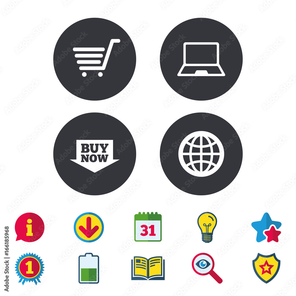 Online shopping icons. Notebook pc, shopping cart, buy now arrow and internet signs. WWW globe symbol. Calendar, Information and Download signs. Stars, Award and Book icons. Vector Online shopping icons. Notebook pc, shopping cart, buy now arrow and internet signs. WWW globe symbol. Calendar, Information and Download signs. Stars, Award and Book icons. Vector