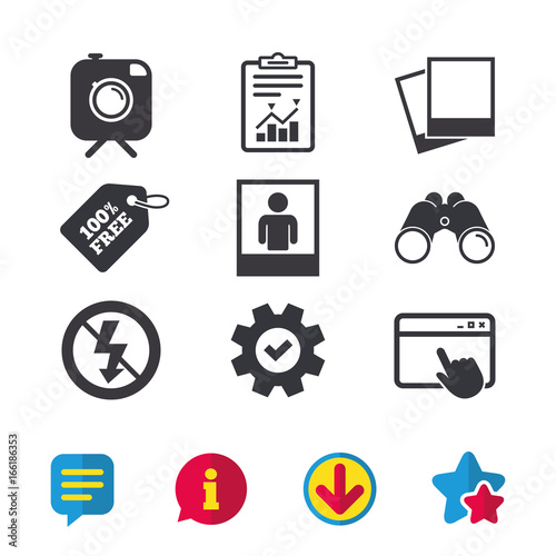 Hipster retro photo camera with mustache icon. No flash light symbol. Human selfie portrait photo frame. Browser window, Report and Service signs. Binoculars, Information and Download icons. Vector