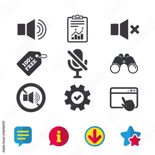 Player control icons. Sound, microphone and mute speaker signs. No sound symbol. Browser window, Report and Service signs. Binoculars, Information and Download icons. Stars and Chat. Vector