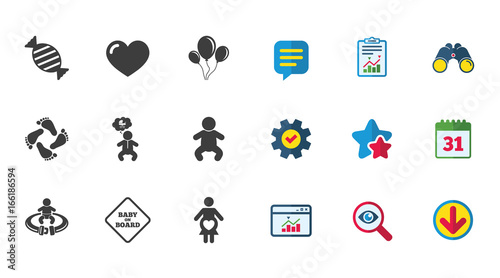 Pregnancy, maternity and baby care icons. Candy, strollers and fasten seat belt signs. Footprint, love and balloon symbols. Calendar, Report and Download signs. Stars, Service and Search icons