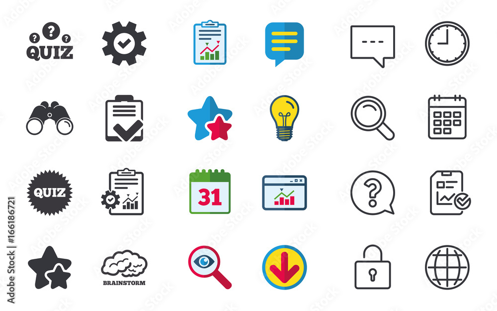 Quiz icons. Brainstorm or human think. Checklist symbol. Survey poll or questionnaire feedback form. Questions and answers game sign. Chat, Report and Calendar signs. Vector Quiz icons. Brainstorm or human think. Checklist symbol. Survey poll or questionnaire feedback form. Questions and answers game sign. Chat, Report and Calendar signs. Vector