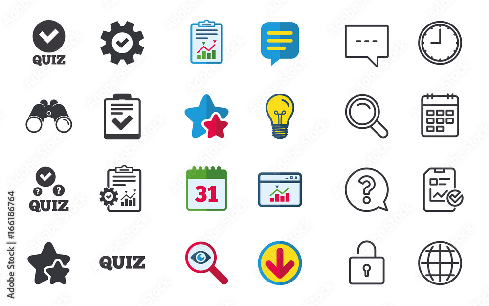 Quiz icons. Checklist with check mark symbol. Survey poll or questionnaire feedback form sign. Chat, Report and Calendar signs. Stars, Statistics and Download icons. Question, Clock and Globe. Vector Quiz icons. Checklist with check mark symbol. Survey poll or questionnaire feedback form sign. Chat, Report and Calendar signs. Stars, Statistics and Download icons. Question, Clock and Globe. Vector